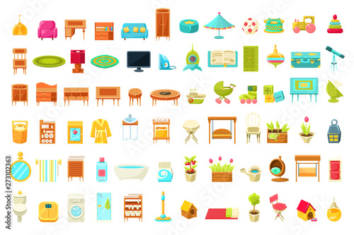 Collection of Home Furniture, Home Interior Decorations Elements of Living Room, Bedroom, Bathroom, Childrens Room Vector Illustration