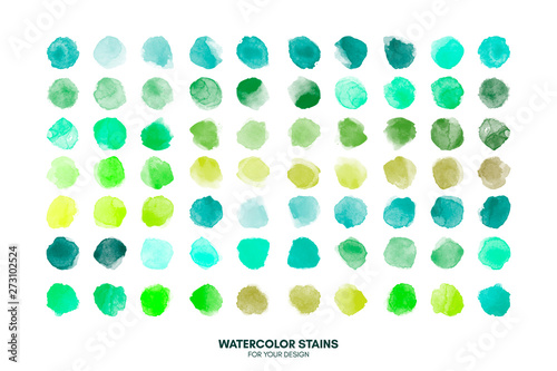 Set of colorful watercolor hand painted round shapes, stains, circles, blobs isolated on white. Elements for artistic design