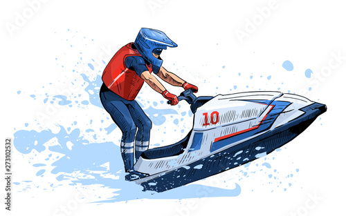 Vector illustration of a man riding personal watercraft. Beautiful sport themed poster. Water sports, extreme sports, sea, ocean, summer vacation, water scooter