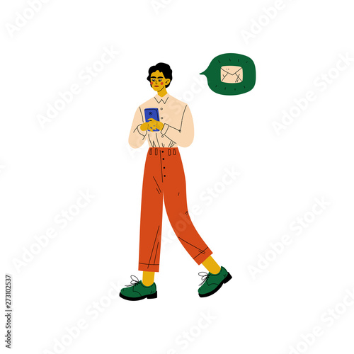 Young Man Chatting Online on His Smartphone, Guy with Chat Communication Bubble, Internet Social Network Virtual Communication Vector Illustration