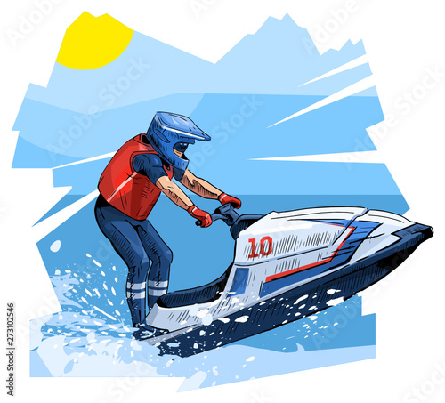 Vector illustration of a man riding personal watercraft. Beautiful sport themed poster. Water sports, extreme sports, sea, ocean, summer vacation, water scooter