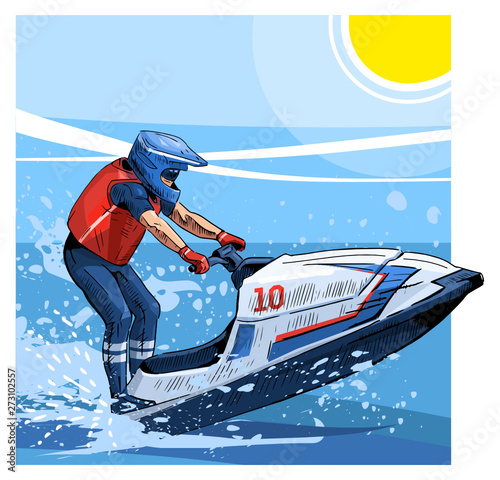 Vector illustration of a man riding personal watercraft. Beautiful sport themed poster. Water sports, extreme sports, sea, ocean, summer vacation, water scooter