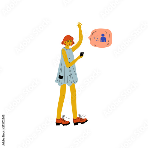 Girl in Short Dress Chatting Online Using Smartphone, Girl with Chat Communication Bubble, Internet Social Network Virtual Communication Vector Illustration