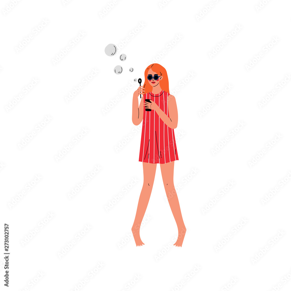Young Woman in Red Short Dress and Sunglasses Blowing Soap Bubbles Vector Illustration Young Woman in Red Short Dress and Sunglasses Blowing Soap Bubbles Vector Illustration