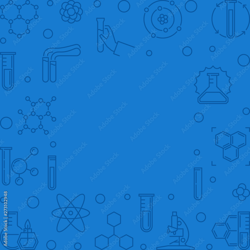 Chemistry vector blue square background with frame in thin line style