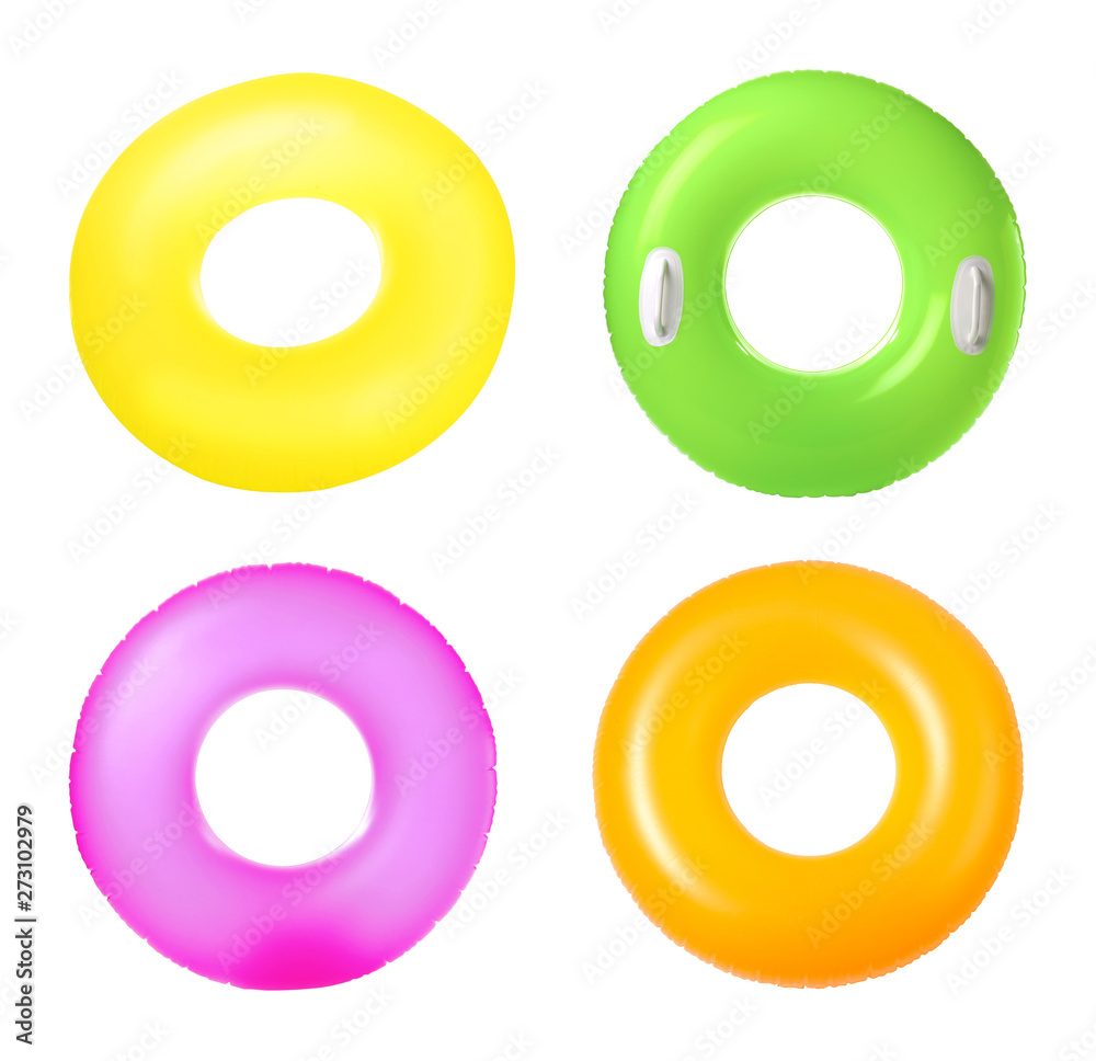 Set of bright inflatable rings on white background Set of bright inflatable rings on white background