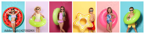Set of cute little children with bright inflatable rings on color background