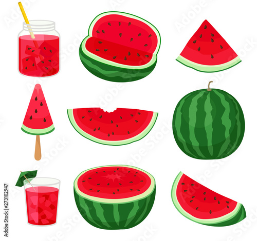 Set of pieces of watermelon different forms and products from it. Vector illustration on white background.