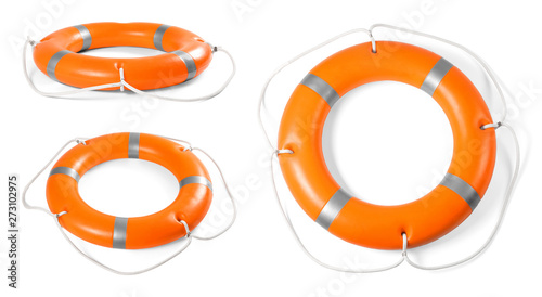 Set of orange lifebuoy rings on white background