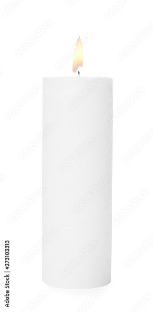 One alight wax candle on white background One alight wax candle on white background