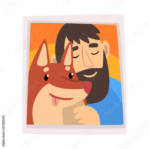 Portrait of Man and His Dog, Photo of Happy Smiling Owner and His Pet Vector Illustration