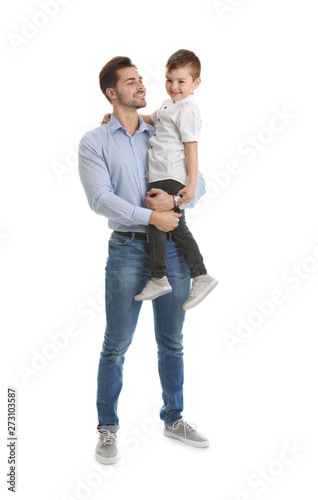 Portrait of dad and his son isolated on white