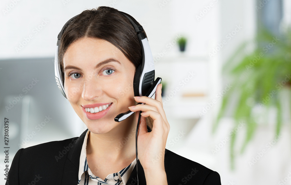 customer support phone operator in headset, with blank copyspace area for slogan or text message customer support phone operator in headset, with blank copyspace area for slogan or text message