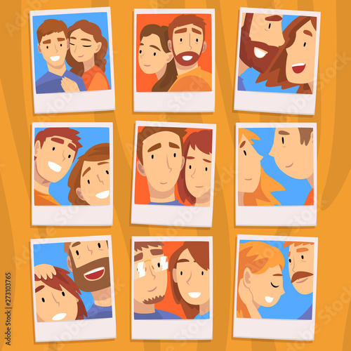 Portraits of Romantic Couples in Love Set, Photos of Happy Men and Women Vector Illustration