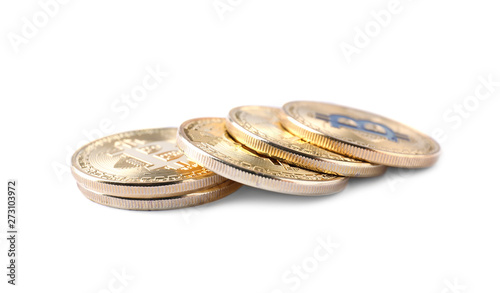 Golden bitcoins on white background. Digital currency
