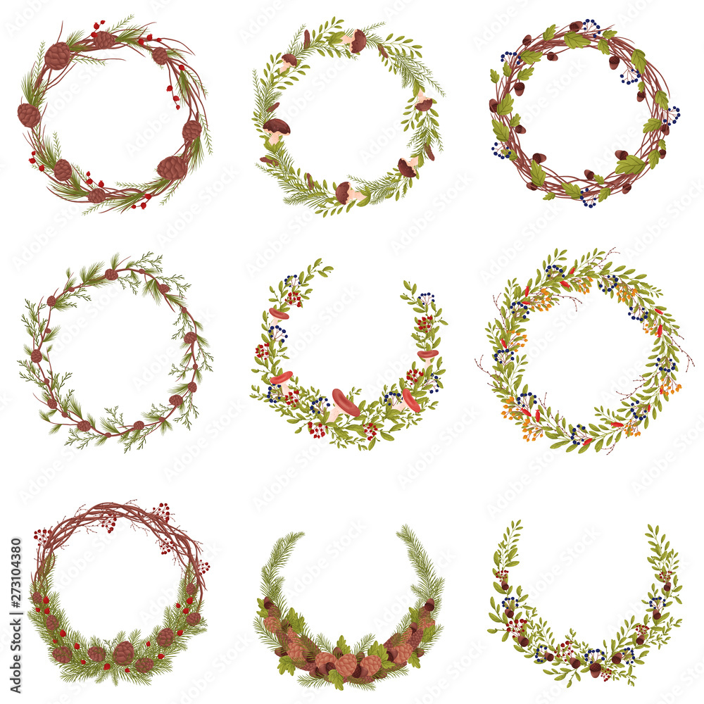 Set of images of decorative wreaths of branches and forest fruits. Vector illustration on white background. Set of images of decorative wreaths of branches and forest fruits. Vector illustration on white background.