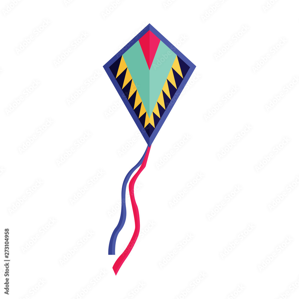 Obraz premium Flying handle kite for outdoor fun games and beach activities in flat design. Colorful kids flying toy single icon isolated on white background.