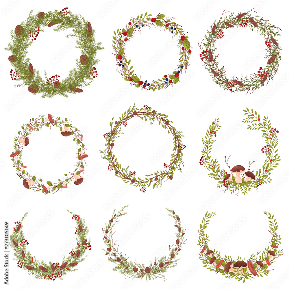 Set of decorative wreaths of branches. Vector illustration on white background.