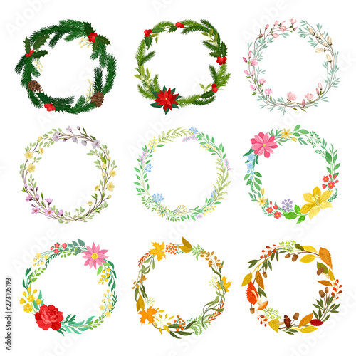 Set of decorative wreaths of fresh flowers and branches. Vector illustration on white background.