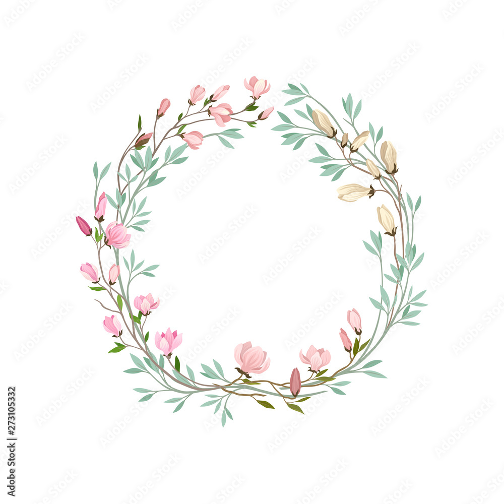 Spring wreath of thin branches and leaves. Vector illustration on white background.