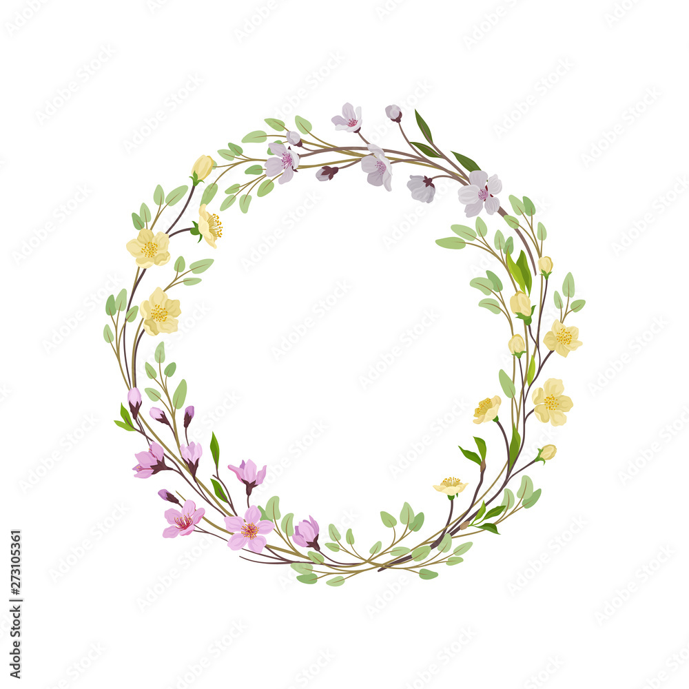 Spring wreath of thin branches and young leaves. Vector illustration on white background.