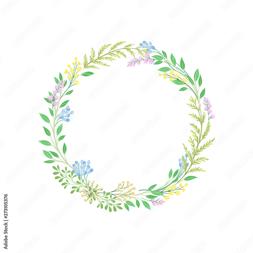 Obraz Spring wreath of thin branches, young leaves and flowers. Vector illustration on white background.
