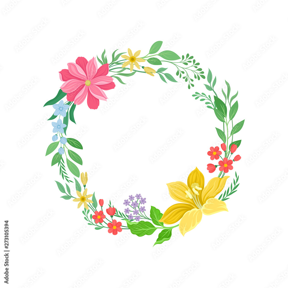 Summer wreath of leaves and bright flowers. Vector illustration on white background. Summer wreath of leaves and bright flowers. Vector illustration on white background.