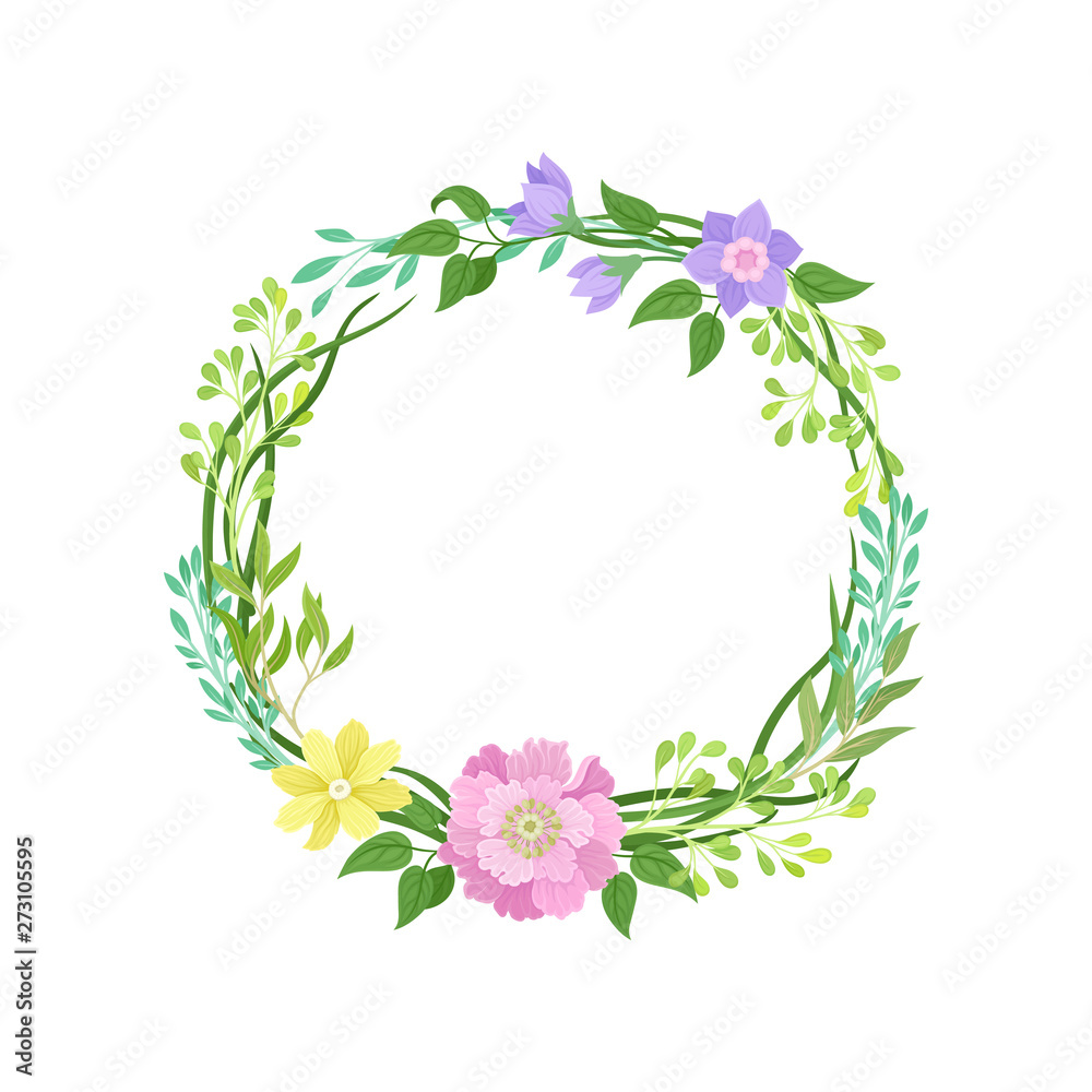 Wreath of green curly stems with leaves. Vector illustration on white background. Wreath of green curly stems with leaves. Vector illustration on white background.