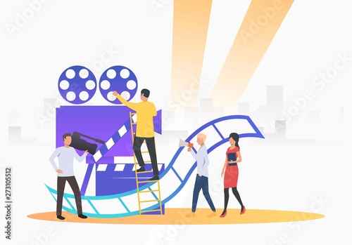 Camera crew making film. Camera, scenario, actors. Filmmaking concept. Vector illustration for presentation slide, poster, new project