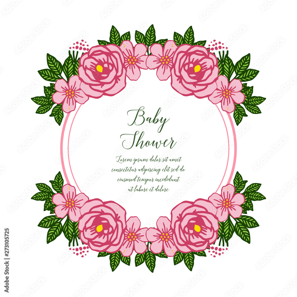 Vector illustration letter baby shower with crowd of pink rose flower frame