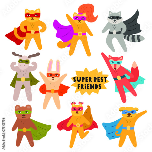 Set of superheroes animals. Vector hand drawn illustration with lettering. Best for nursery, childish textile, greeting card, t shirt, print, stickers, posters design.