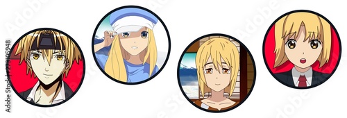 Anime Boy Anime Girl and Anime School Girl with Another Cute Anime Girl All with Blonde Hair 4 Anime Characters standing confidently in front of a white background with a Smile