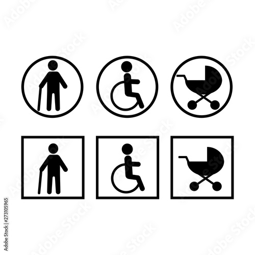 Blacke round and square stickers this a person in a wheelchair, man with a disability and elderly on crutches, baby stroller, vector icons.