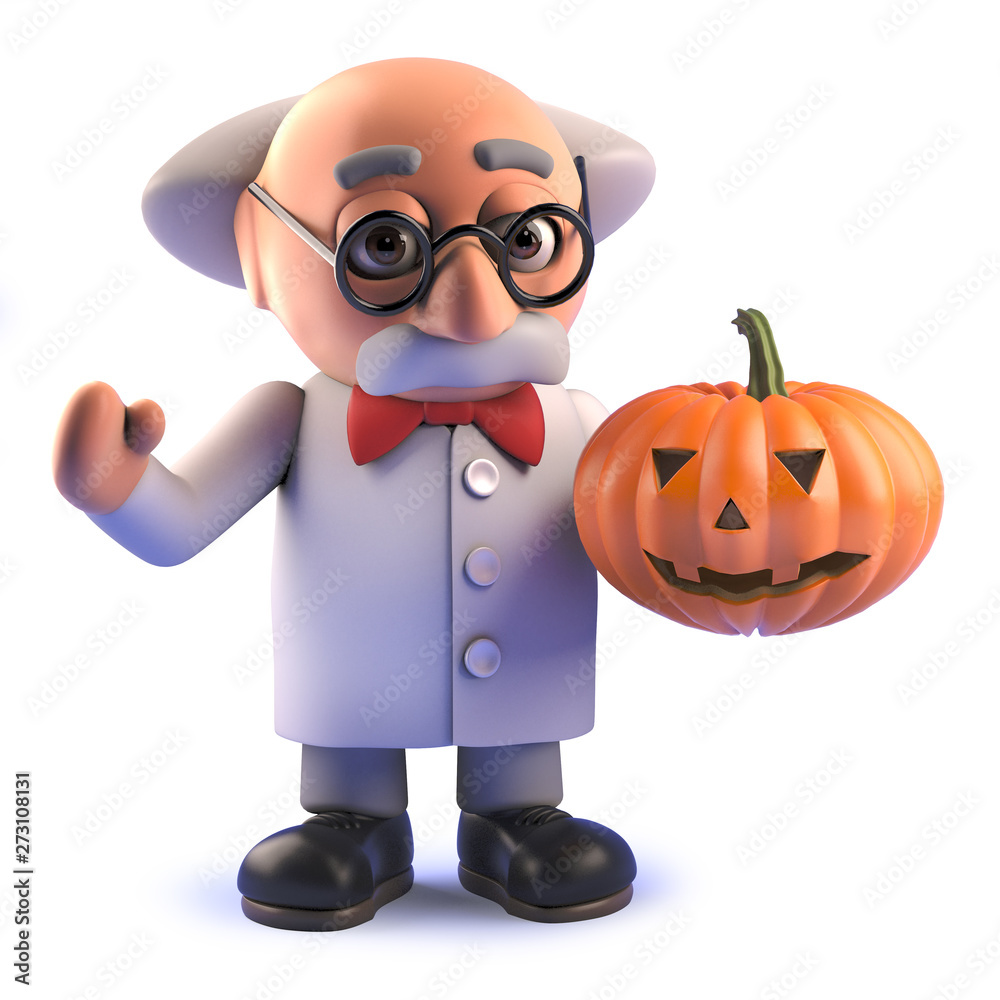 3d crazy mad scientist character holding a Halloween pumpkin 3d crazy mad scientist character holding a Halloween pumpkin