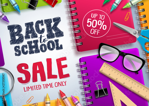 Back to school sale vector banner. Back to school and discount text in white space with colorful school supplies for educational promotion. Vector illustration.
