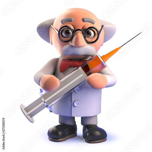 Crazy mad scientist in 3d holding a syringe full of drugs photo