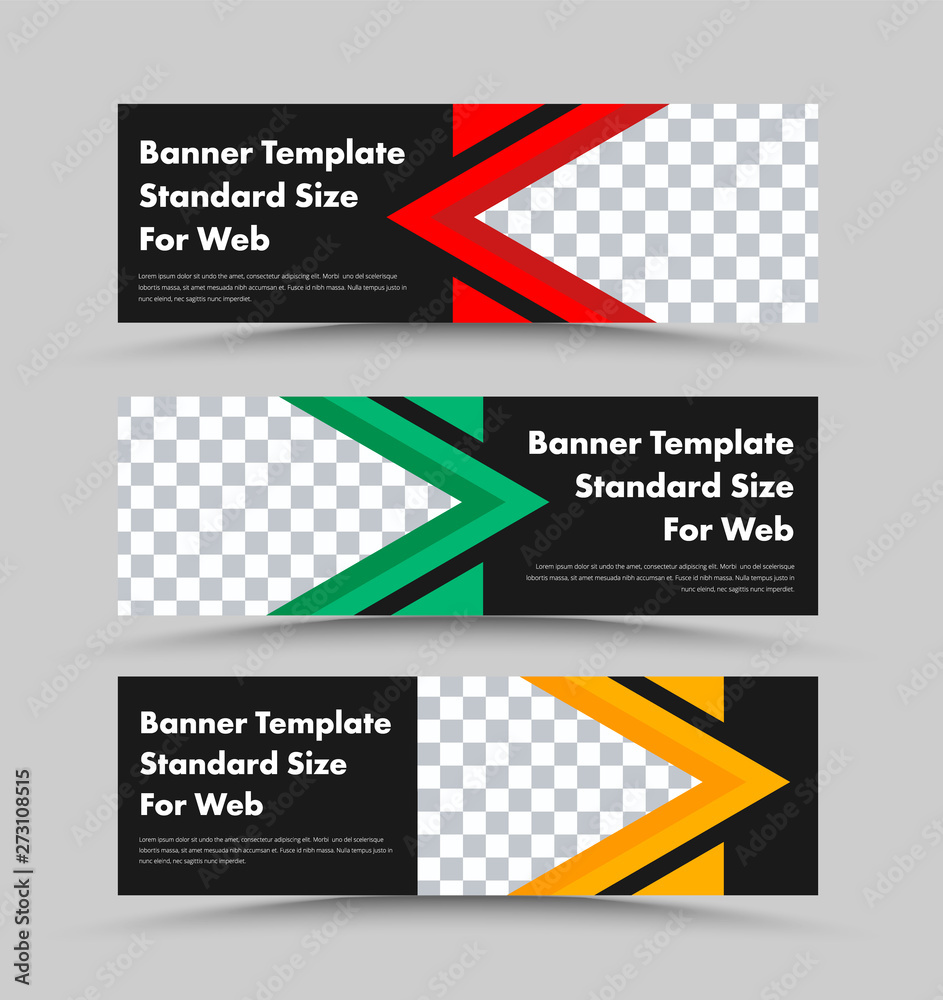 Black vector horizontal web banners template with place for photo and color triangular design elements.