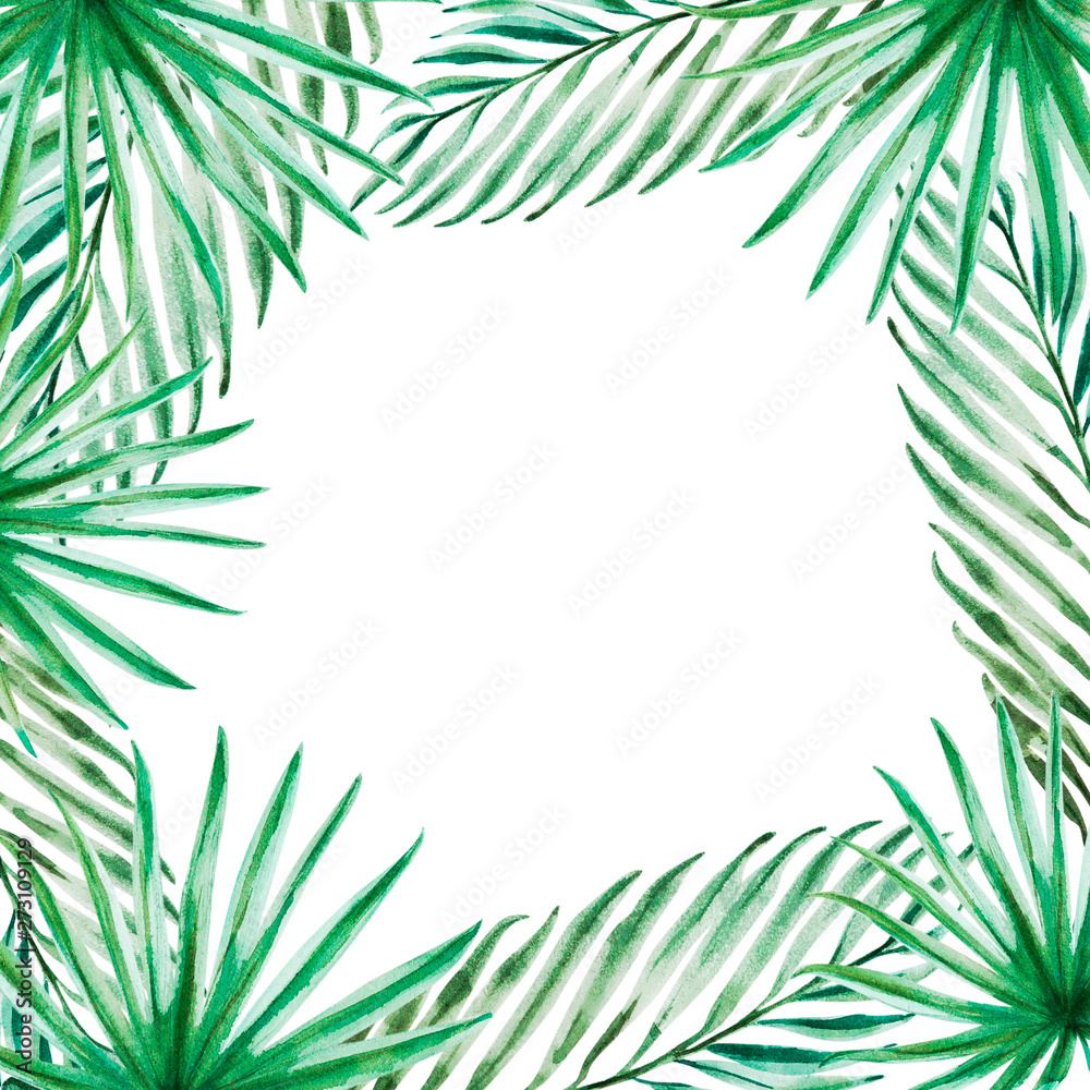 Beautiful tropical leaves frame. Palm. Watercolor painting. Exotic plant. Natural print. Sketch drawing. Botanical composition. Greeting card. Painted background. Hand drawn illustration.