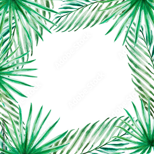 Beautiful tropical leaves frame. Palm. Watercolor painting. Exotic plant. Natural print. Sketch drawing. Botanical composition. Greeting card. Painted background. Hand drawn illustration.