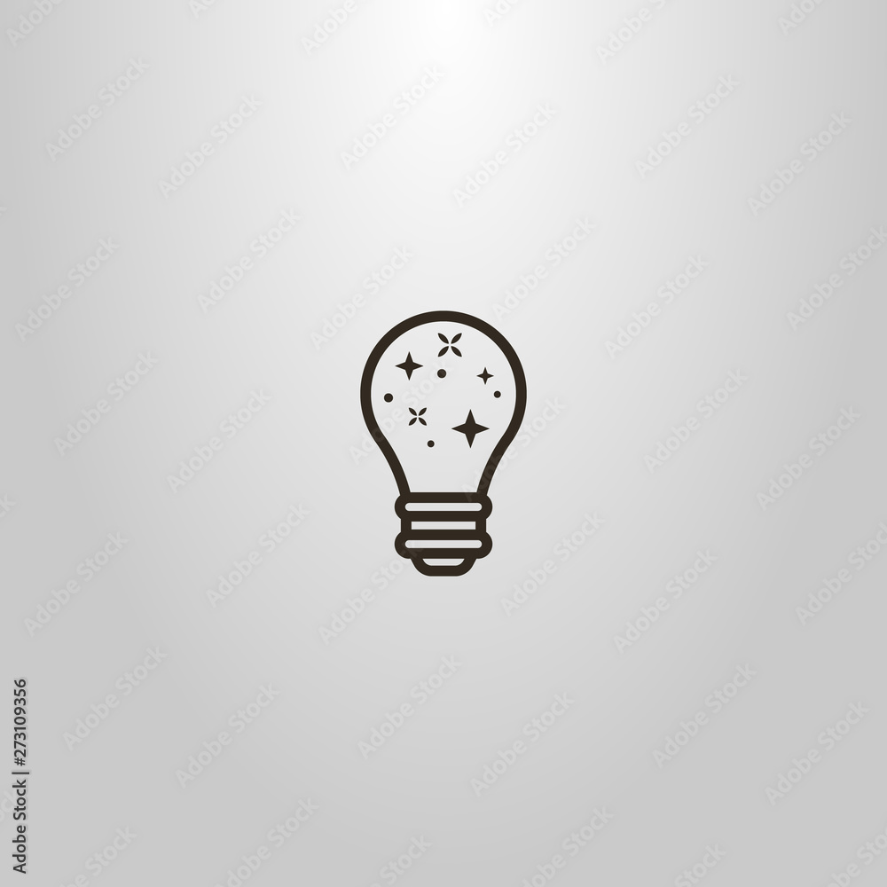 black and white simple vector line art sign of light bulb with magic stars inside black and white simple vector line art sign of light bulb with magic stars inside