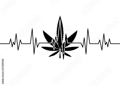 Marijuana leaf heartbeat pulse monitor. Vector illustration cardiogram concept. Black pulse outline with cannabis leaf on white background. For web, packaging, t shirt design, product, logo, graphic d