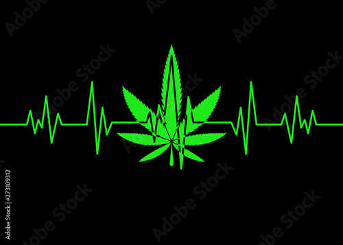 Marijuana leaf heartbeat pulse monitor. Vector illustration cardiogram concept. Green pulse outline with cannabis leaf on black background. For web, packaging, t shirt design, product, logo, graphic d