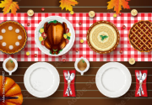 happy thanksgiving card with autumn icons over wooden background. colorful design. vector illustration