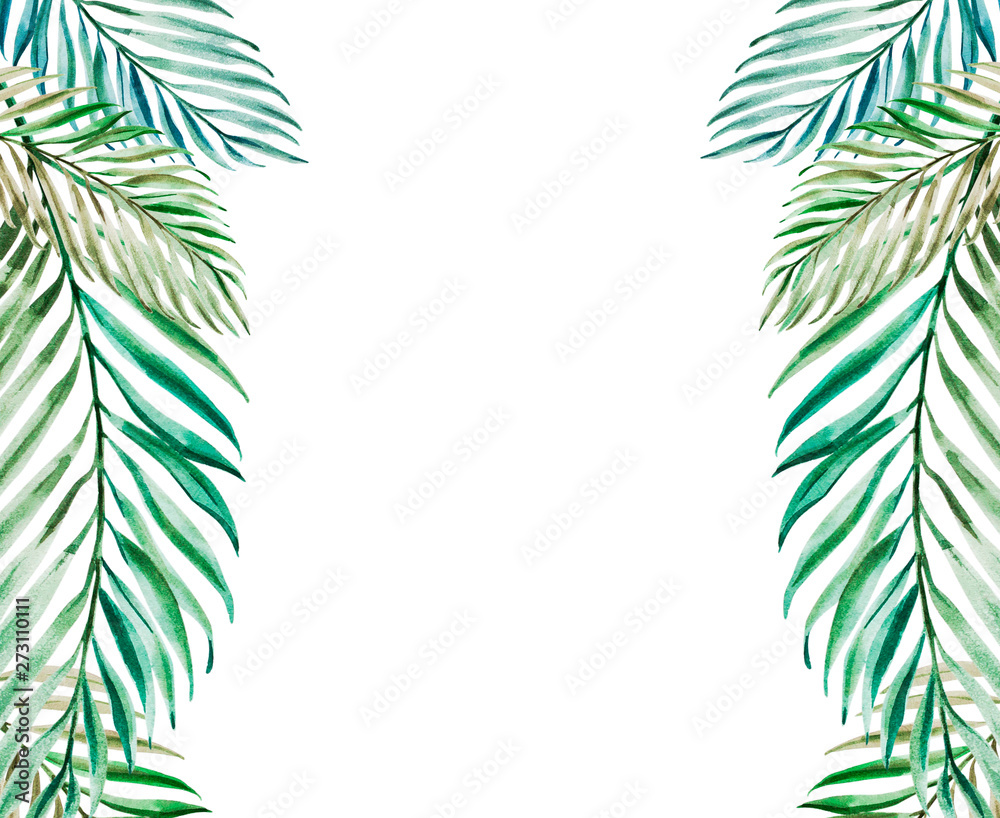 Beautiful tropical leaves frame. Palm. Watercolor painting. Exotic plant. Natural print. Sketch drawing. Botanical composition. Greeting card. Painted background. Hand drawn illustration.