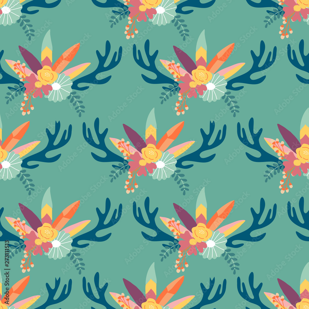 Horns and flowers, in a boho pattern design