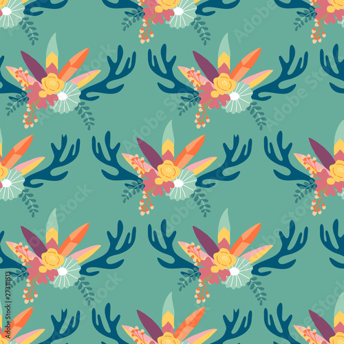 Horns and flowers  in a boho pattern design