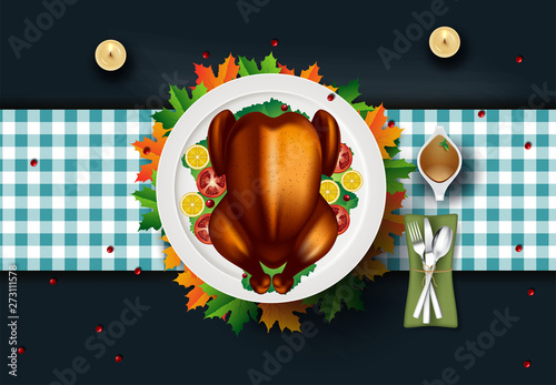 Thanksgiving dinner background with turkey and all sides dishes, pumpkin pie, fall leaves and seasonal autumnal decor on wooden background, top view, copy space