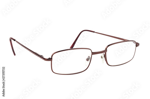 One transparent optical glasses in brown metal frame isolated on white background