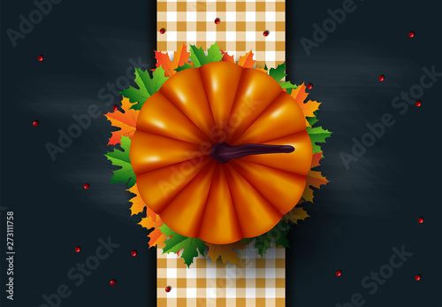 Thanksgiving dinner background with turkey and all sides dishes, pumpkin pie, fall leaves and seasonal autumnal decor on wooden background, top view, copy space