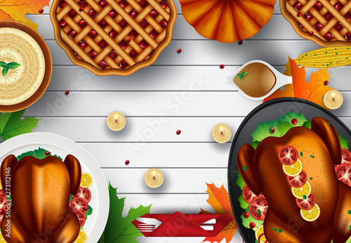 Thanksgiving Turkey dinner on white wooden table with copy space